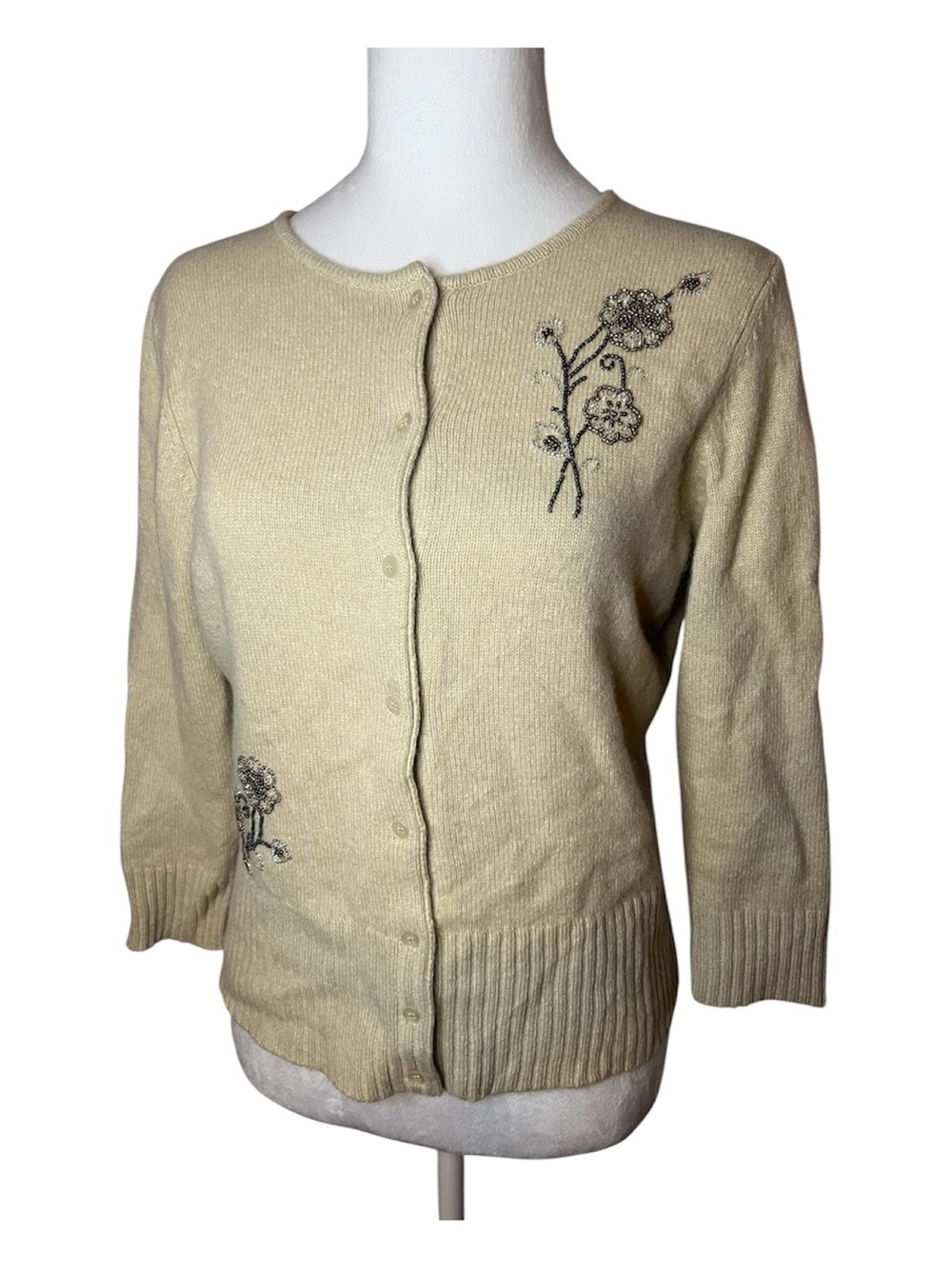 Wool Angora Cashmere LOFT Cream Floral Embroidered Crewneck Cardigan Medium